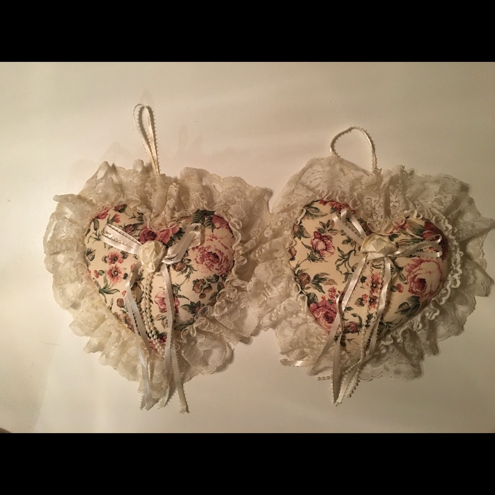 Floral heart pillows w ribbon hangers